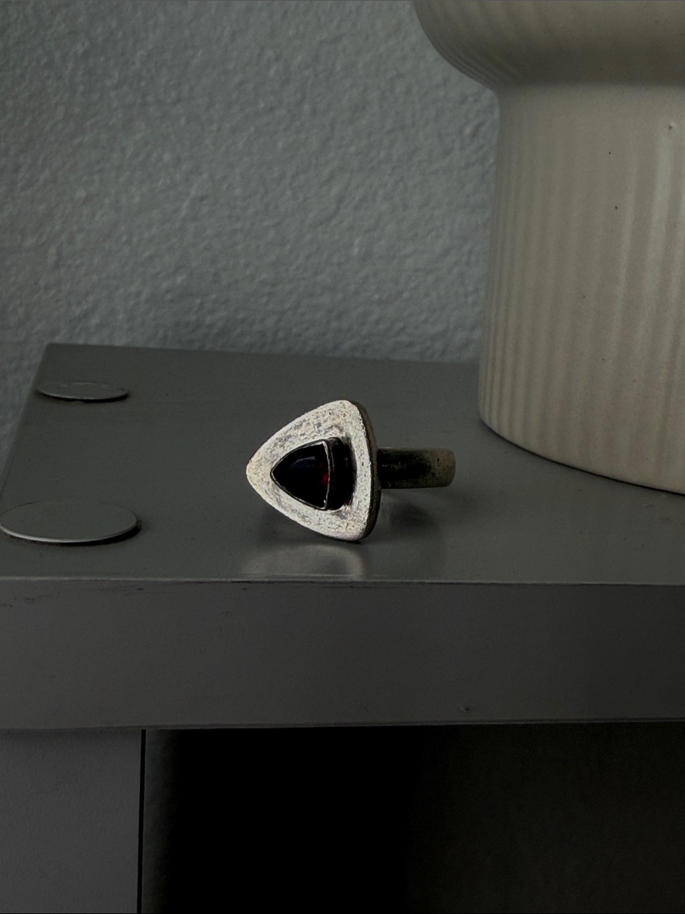 Vintage Triangular Silver Ring with Black/Deep Red Stone